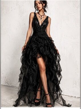 Precious Formals Black Sheer Beaded Goth Fairycore Formal Dress